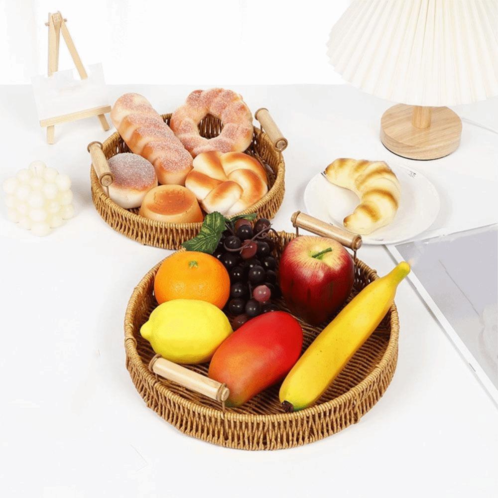 Handmade Round Rattan Storage Tray Plastic Bread Fruit Storage Tray Wicker Storage Baskets  Office