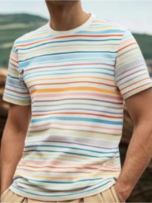 Men's T-Shirt Color Stripe Fashion Design 3D Printed Top Casual Daily Street Wear Summer Simple Short Sleeved Men's Y2k Clothing