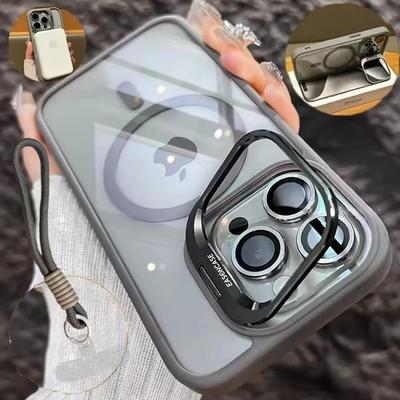 Luxury Magnetic Case for iPhone 16 14 13 12 11 15 Pro Max Plus Funda Stand With Lanyard Glass Lens Protector Cover for Magsafe