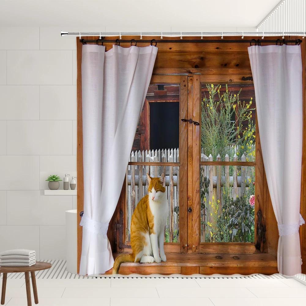 

Retro Vintage Windows Shower Curtain Set European Greek Town Scenery Flower Plant Starry Sky Pattern Home Bathroom Decor Screens W90XH180cm