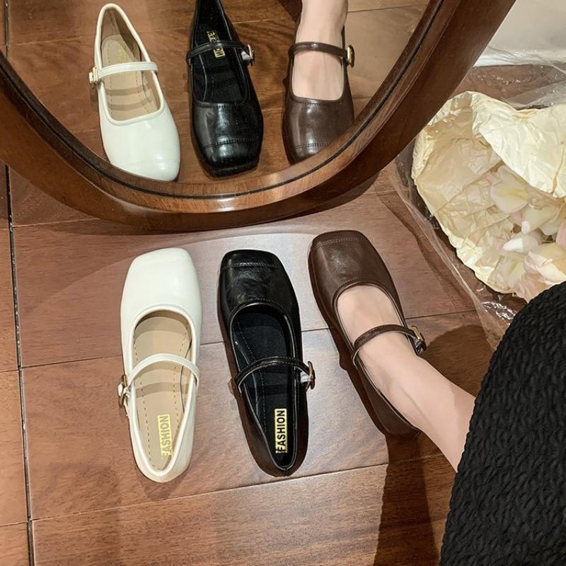 Retro square head shallow mouth Mary Jane shoes women's autumn one-word buckle single shoes student flat women's shoes