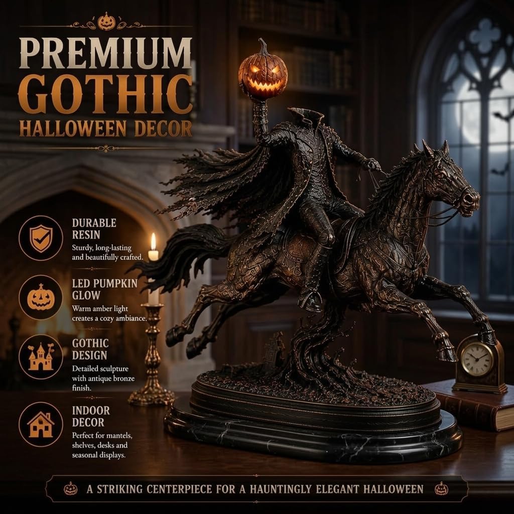 Vintage Lighted Headless Horseman Figurine with Warm LED Pumpkin Head Gothic Fantasy Bronze Color Sculpture for Spooky Halloween Mantel Shelf