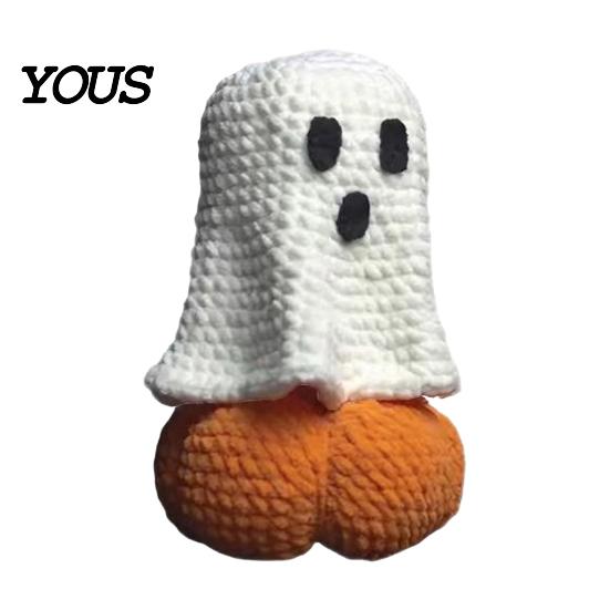 Fall Home Accents Knitted Ghost Pumpkin Ornament, Handmade Cute Crochet Figurine, Spooky Ornaments Festive Miniature Handicraft Ornament for Halloween
