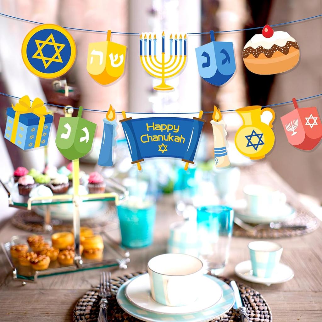 3 Pcs Hanukkah-Themed Banner Set, Creative Banner with Hanging Flags for Party Decorations