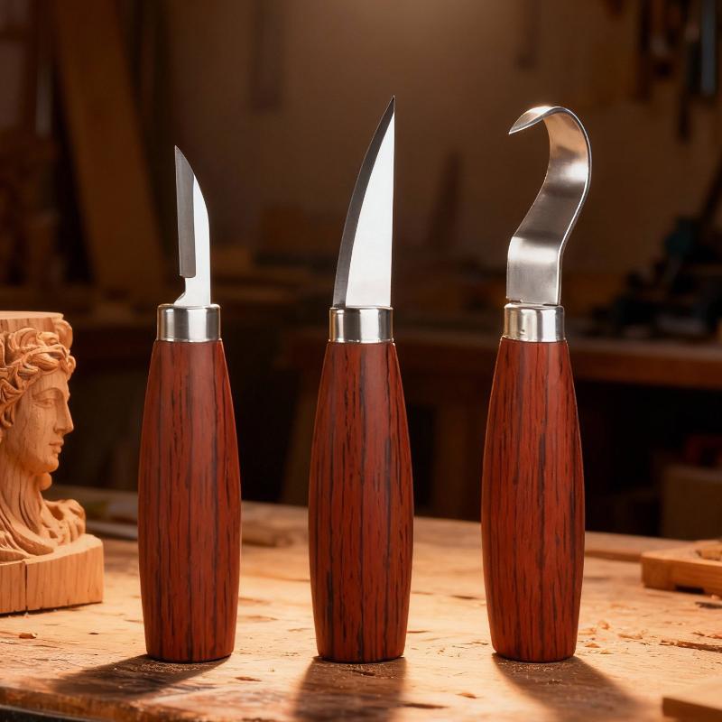 5Pcs Wood Carving Knife Set With Ergonomic Red Wood Handle Stainless Steel Blades For Whittling And Diy Crafts