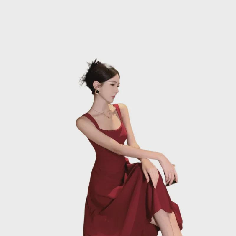 New Year's Red Slim Waist Suspender Dress for Women - Spring Daily Engagement Toast Dress