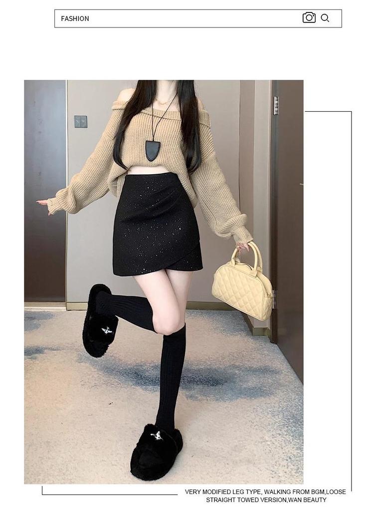 New Autumn/Winter 2025 Sequin Tweed High-Waisted Irregular Slim A-Line Skirt