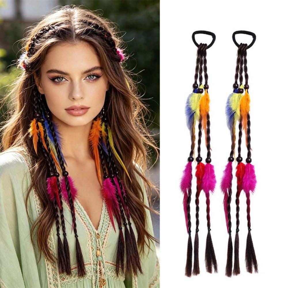 2pcs Rubber Band Headband Bohemian Feather Hair Extensions Handmade Twist Braid Ponytail Daily Use