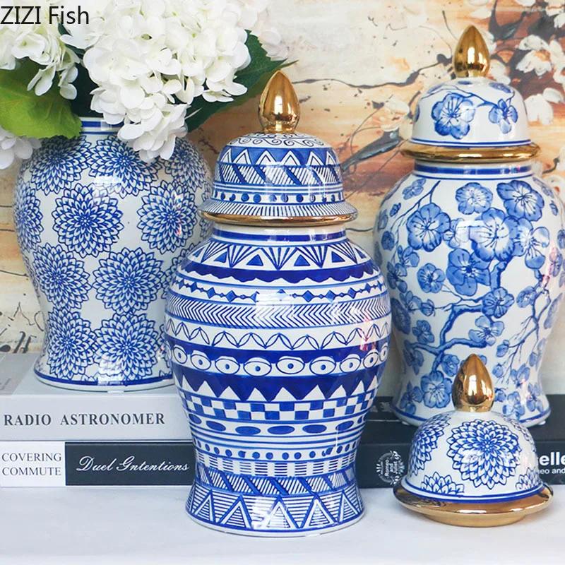 Gold Plated Blue and White Porcelain Ginger Jar with Lids Ceramic General Jars Retro Tea Caddy Floral Vases Desk Decoration