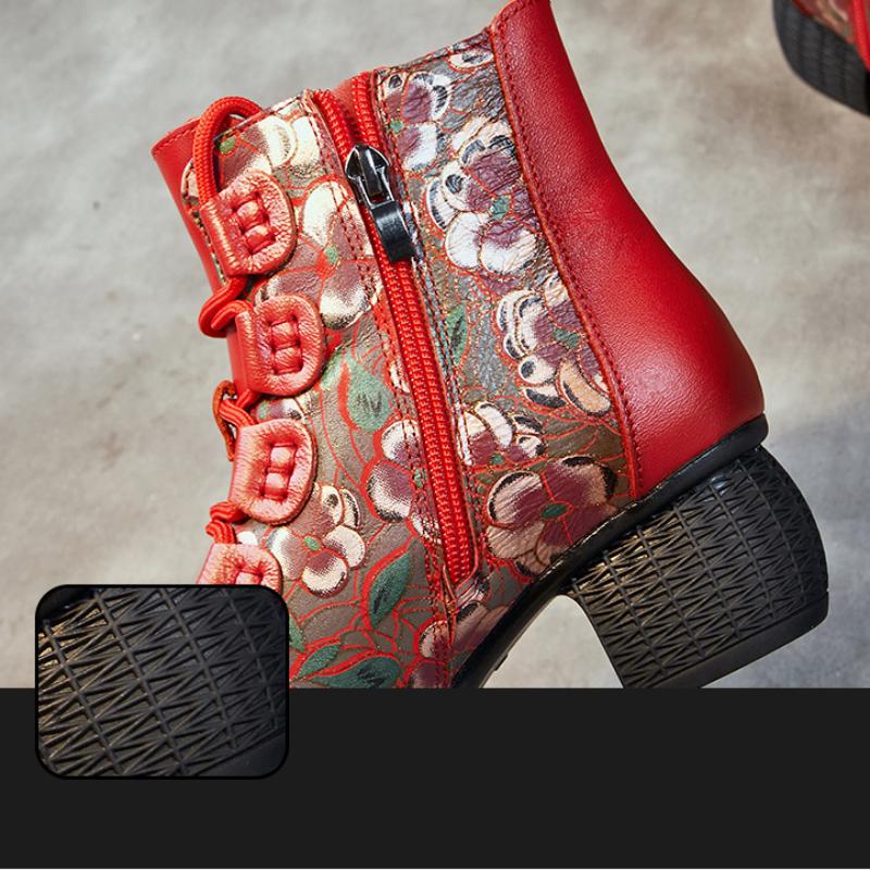 Johnature Moteriški trumpi batai etninio stiliaus storu kulnu minkštu padu margintu apvaliu pirštu šilti moteriški batai