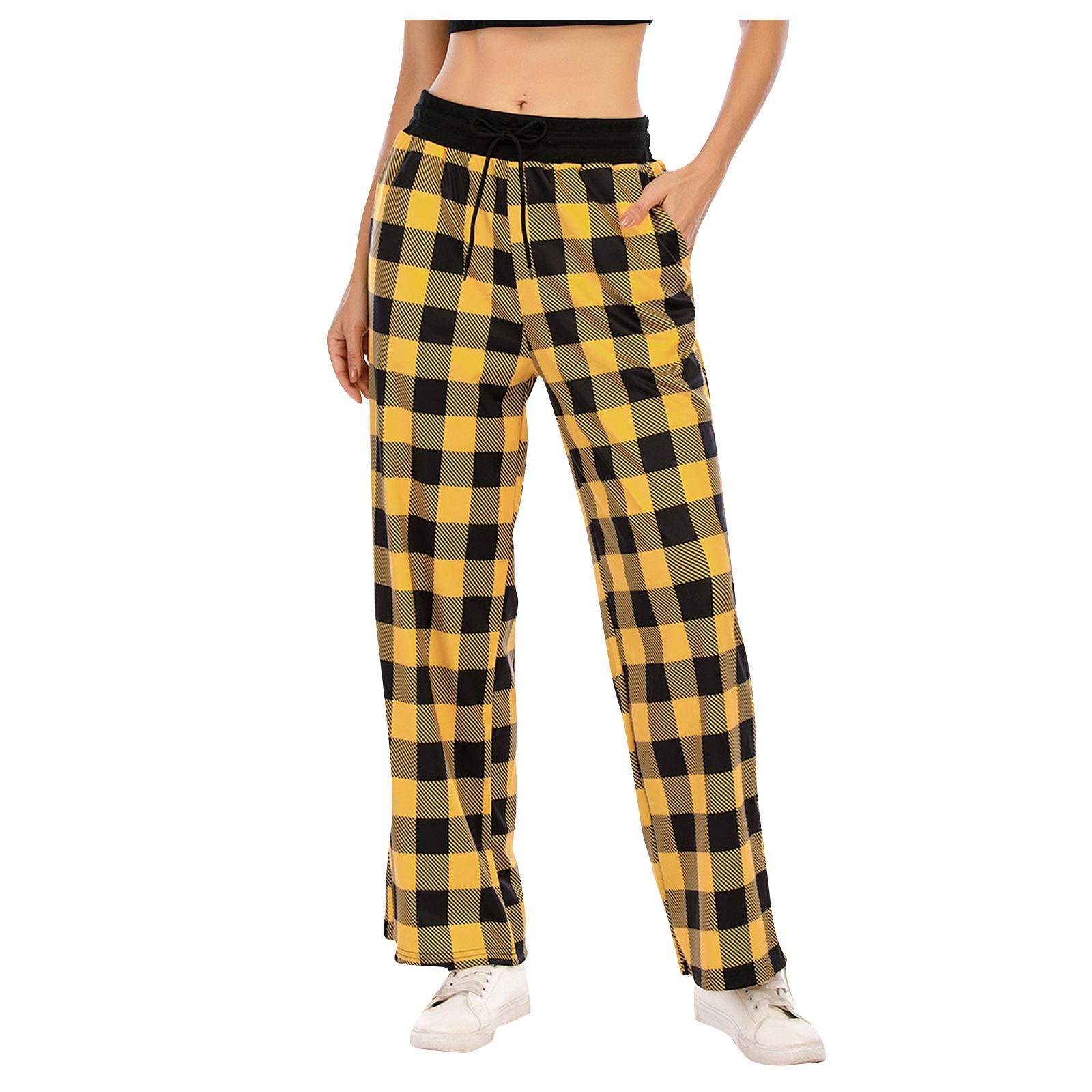 

Женские клетчатые свободные широкие брюки, модные темпераментные повседневные брюки с высокой талией XXL жёлтый