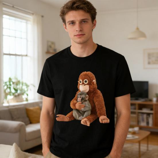 Monkey Punch T-Shirt Kurzarm Lässiges T-Shirt Niedriger Rundhalsausschnitt Affe Orang-Utan Muster T-Shirt