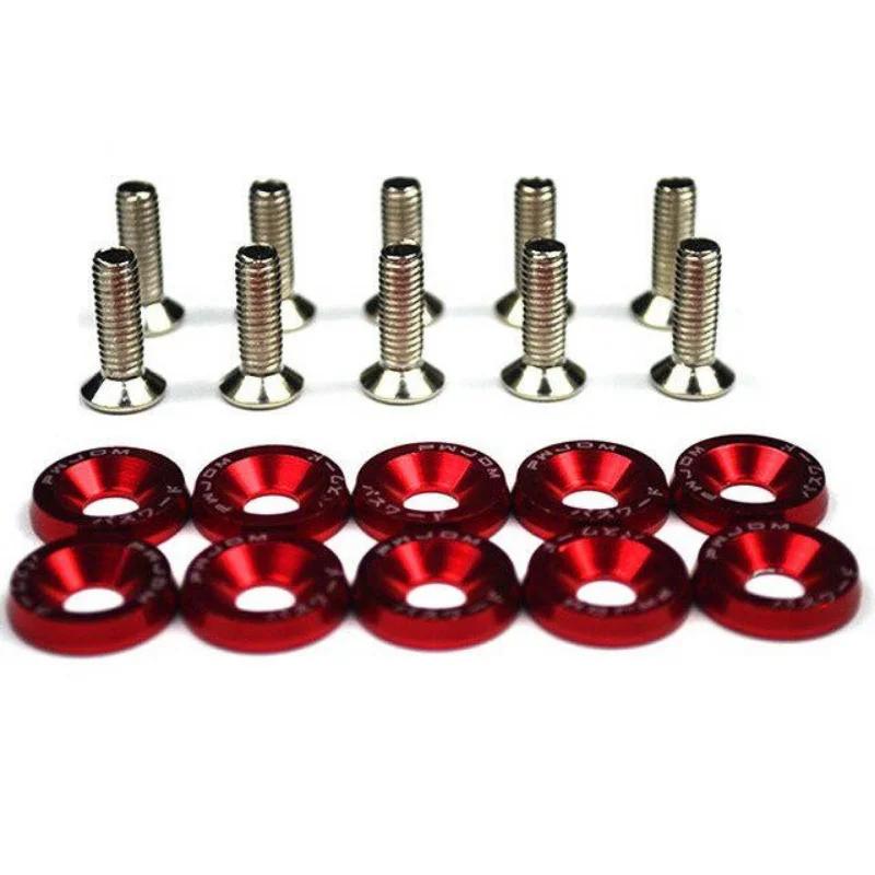 10pcs/set Car Modified Hex Fasteners Fender Washer Bumper Engine Concave Screws Aluminum Fender Washers and M6 Bolt. Red