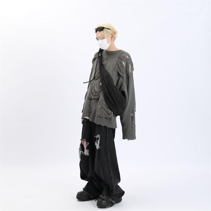 Men's European-American Subculture Knitted Sweater: Faux Two-Piece with Holes, Heavy and Relaxed Style