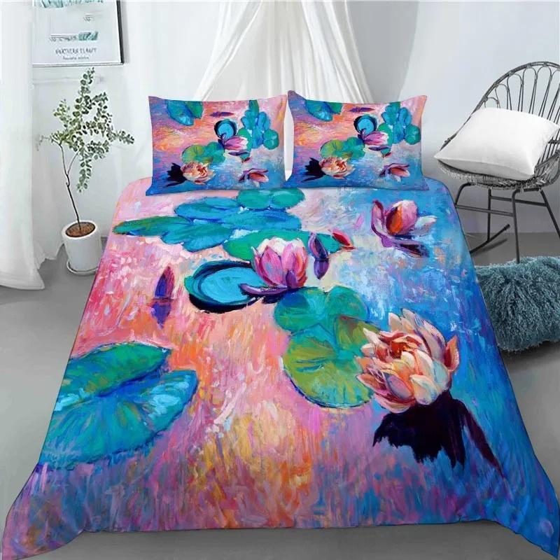 3D Lotus Flower Painting Duvet Cover Polyester Quilt Cover with Pillowcases King Queen Size for Kids Teen Adults Bed Decor Gifts