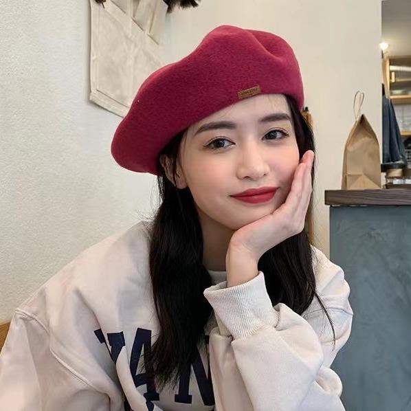Autumn and Winter Classic Wool Beret Women's Leather Label British Retro Painter Hat Fashion