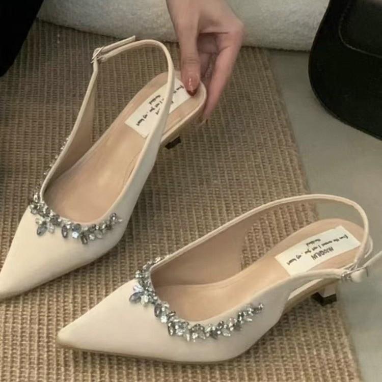 

Туфли на среднем каблуке, темпераментная леди со стразами, задний тройной ремешок, остроносые туфли-лодочки, женские новые туфли весна-лето 2025 40 абрикосовый