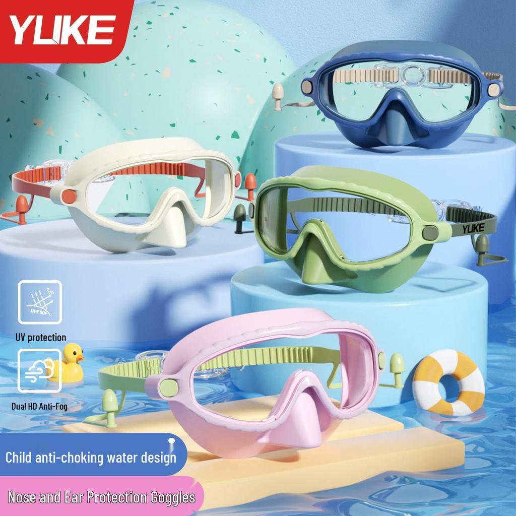 Children's Waterproof Anti-Fog Swim Goggles with Nose Piece and Earplugs - Large Frame Silicone Design