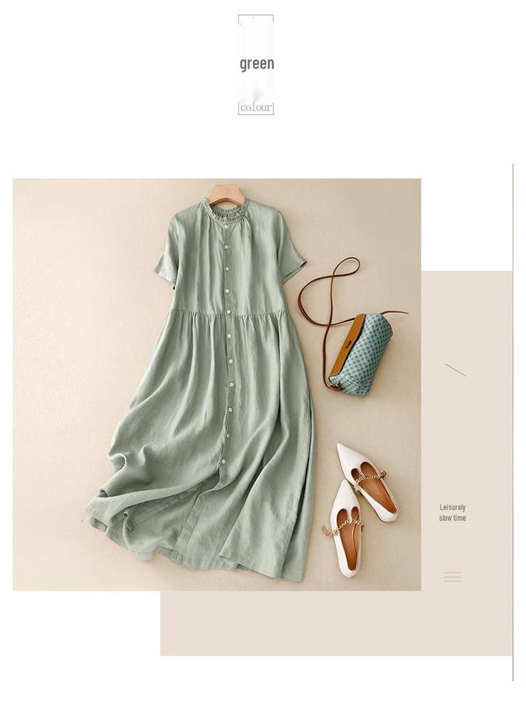Reversible 2023 Summer Cotton Linen Ruffle Collar Dress with Swing Skirt & Short Sleeves