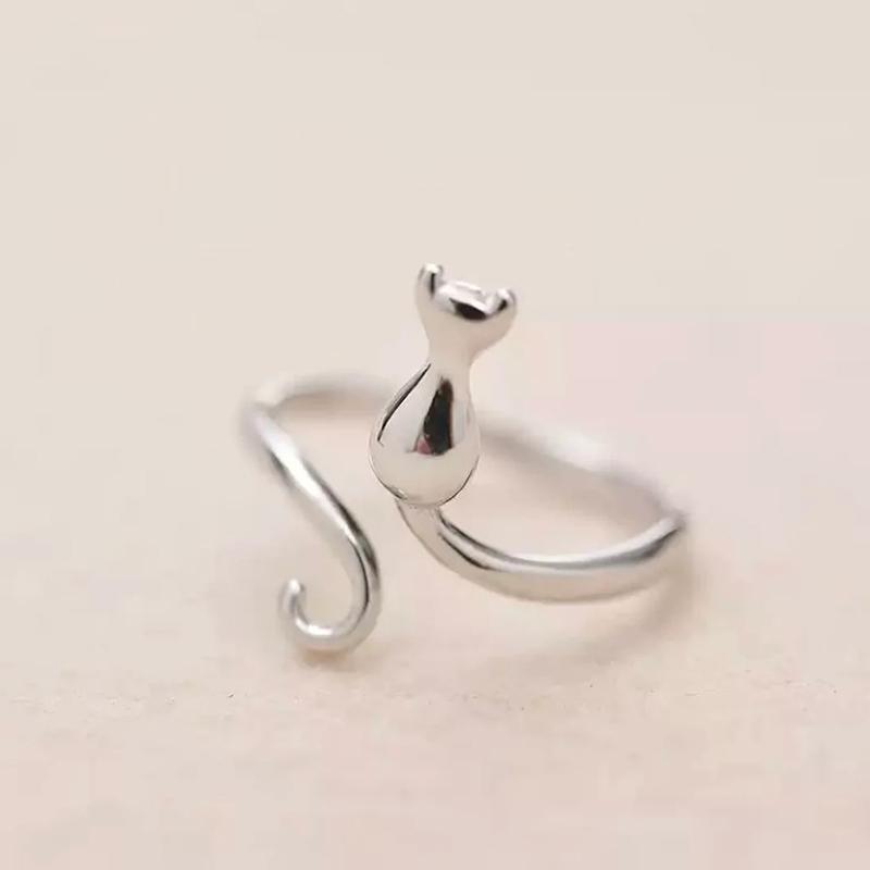 Ladies' Silver Cat Ring, Can Be Opened And Adjusted In Size, Simple And Fashionable Ring, Versatile Accessory Jewelry.