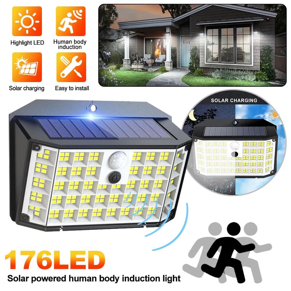176LED Solar Lights Motion Sensor Solar Powered Flood Lights Waterproof Solar Security Wall Light 3 Modes Outside Backyard Yard