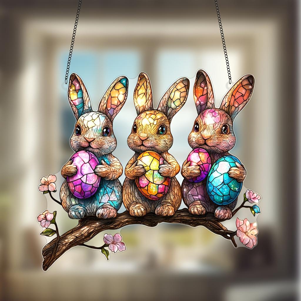 Three Rabbits Holding Colorful Eggs Hanging Decoration Hanging Pendant Wind Chime Suncatcher Home Window Ornament Garden Decor