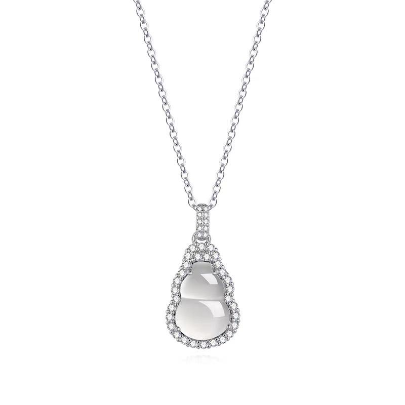 Baishi Hui Natural Chalcedony Fu Lu Gourd Necklace in s925 Sterling Silver Women's Clavicle Chain