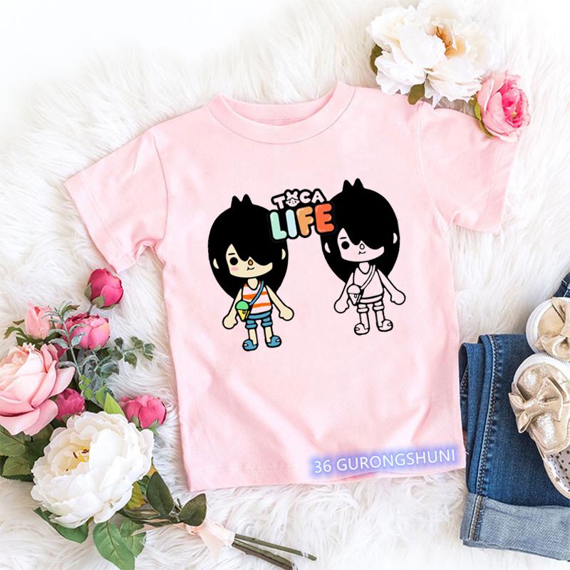 Magliette Kawaii per Bambini Divertenti Stampa Cartone Animato Mondo Toca Videogioco Maglietta per Bambini Piccoli Moda Estiva Magliette per Bambine Top Rosa