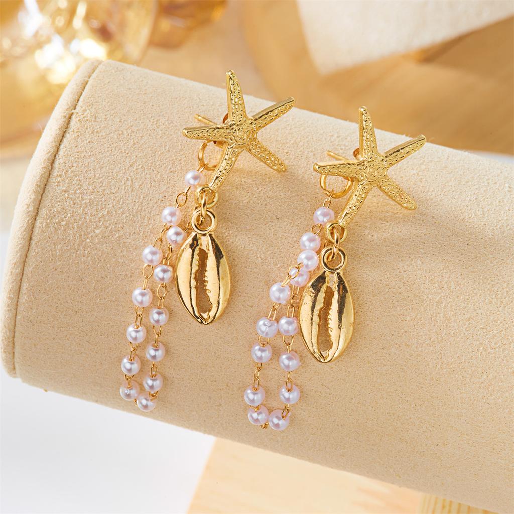 Metal Starfish Shell Long Tassel Earrings for Women Bohemian Imitation Pearl Dangle Earrings Beach Holiday Party Jewelry Gifts