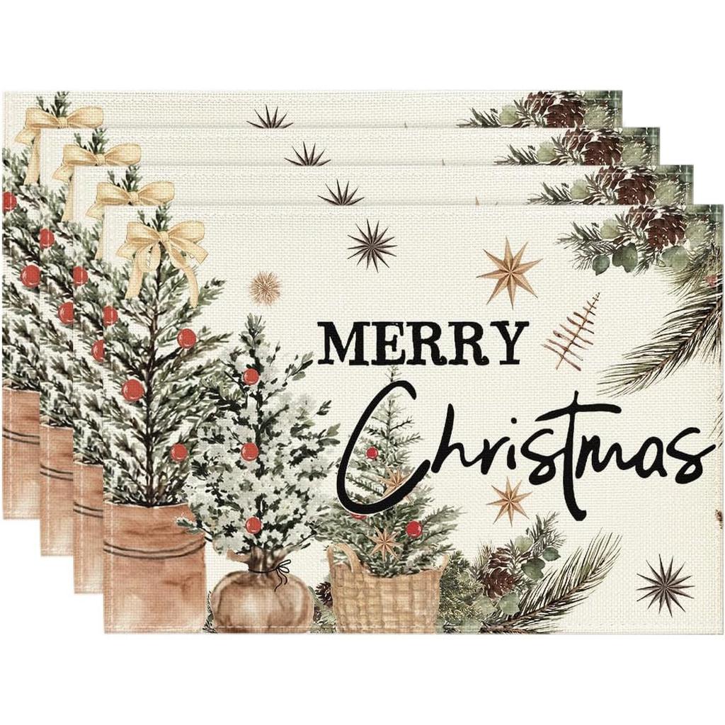 Winter Christmas Placemat with Red Checkered Print Vintage Christmas Candlelight Dinner Mat Restaurant Family Holiday Decoration