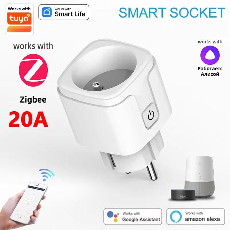 Tuya Smart WiFi/Zigbee Plug Socket EU Outlet 16A/20A with Power Monitoring Timer Function Voice Control Alexa Google Home Alice