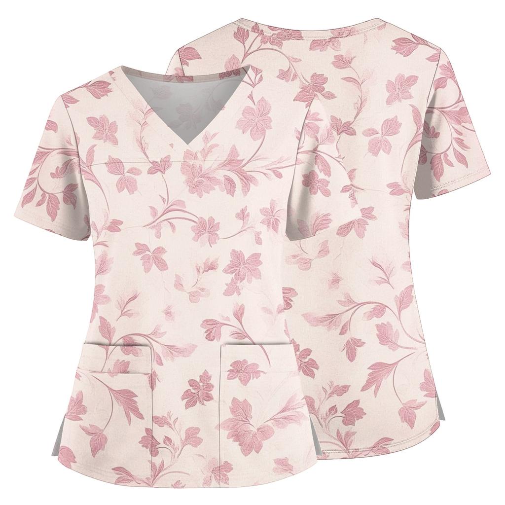 Medizinisches Kasack-Oberteil mit Blumendruck, V-Ausschnitt, Taschen und Seitenschlitzen, Kurzarm, Krankenschwester-Uniformhemd für Damen