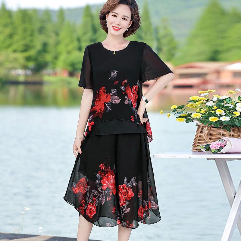 Mom's Summer Chiffon Set Middle-aged Plus Size Skirt Pants Middle-aged and Elderly Chiffon Two-piece Set