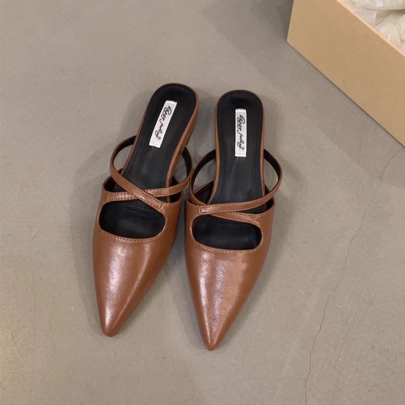 Fashion SUOJIALUN 2024 Summer New Women Flat Shoes Fashion Pointed Toe Slip On Mules Shoes Soft Flat Heel Outdoor Vaction Ladies Sandals