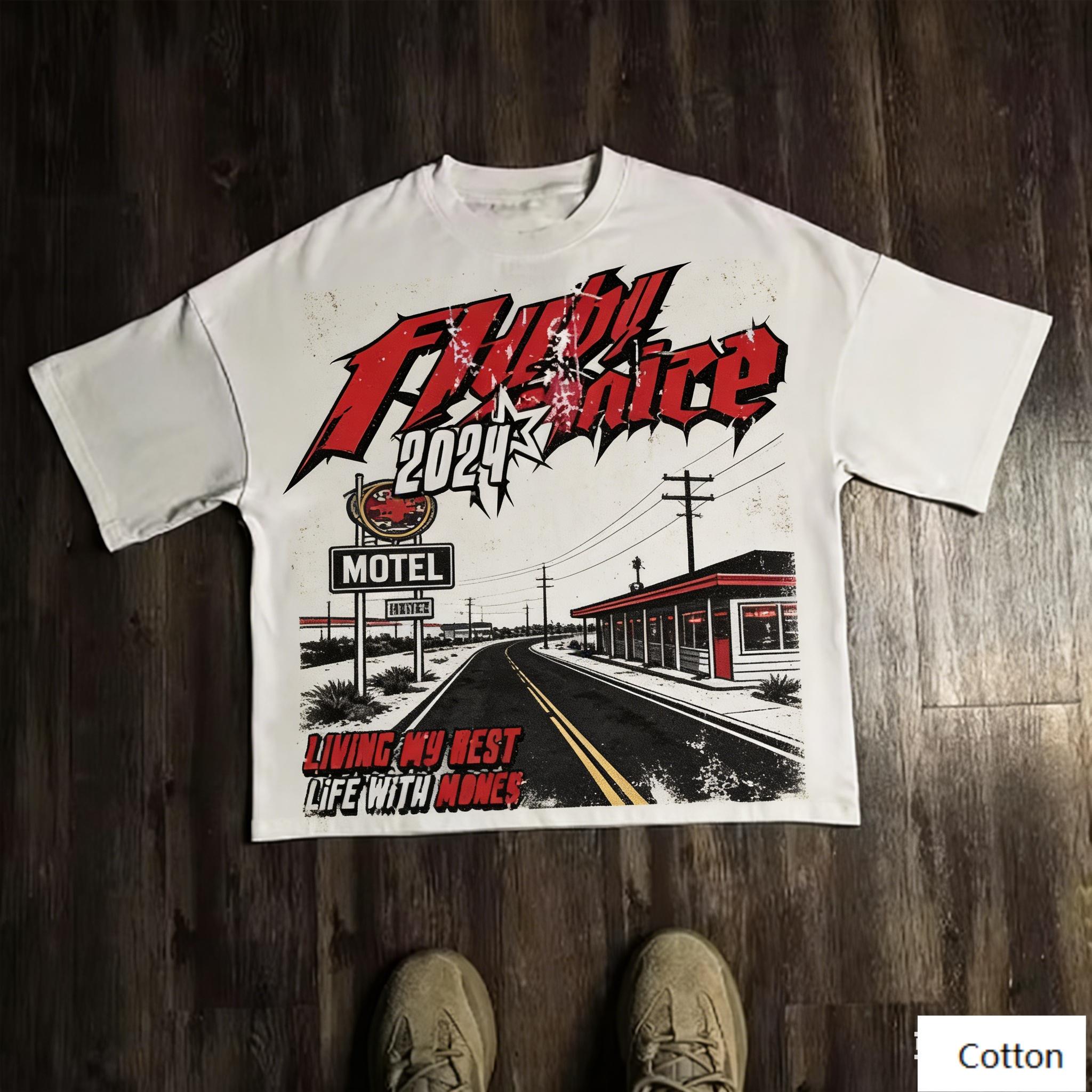 

Oversized TShirt with Retro Motel Highway Graphic Loose Streetwear Style Soft Heavyweight Fabric 4XL