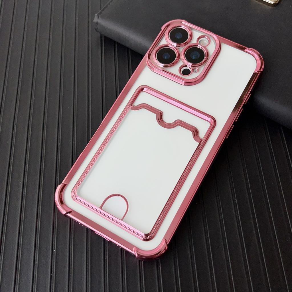 Soft Plating Card Holder Bag Case For iPhone 16 15 14 13 12 mini 11 Pro X XR Xs Max 7 8 Plus 16e Shockproof Transparent Cover