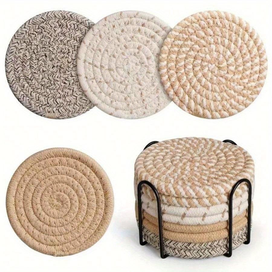 8Pcs Cotton Rope Woven Coaster with Holder Table Insulating Mat for Cup Bowl Resistant Coffee Shop Desktop Protection Pad