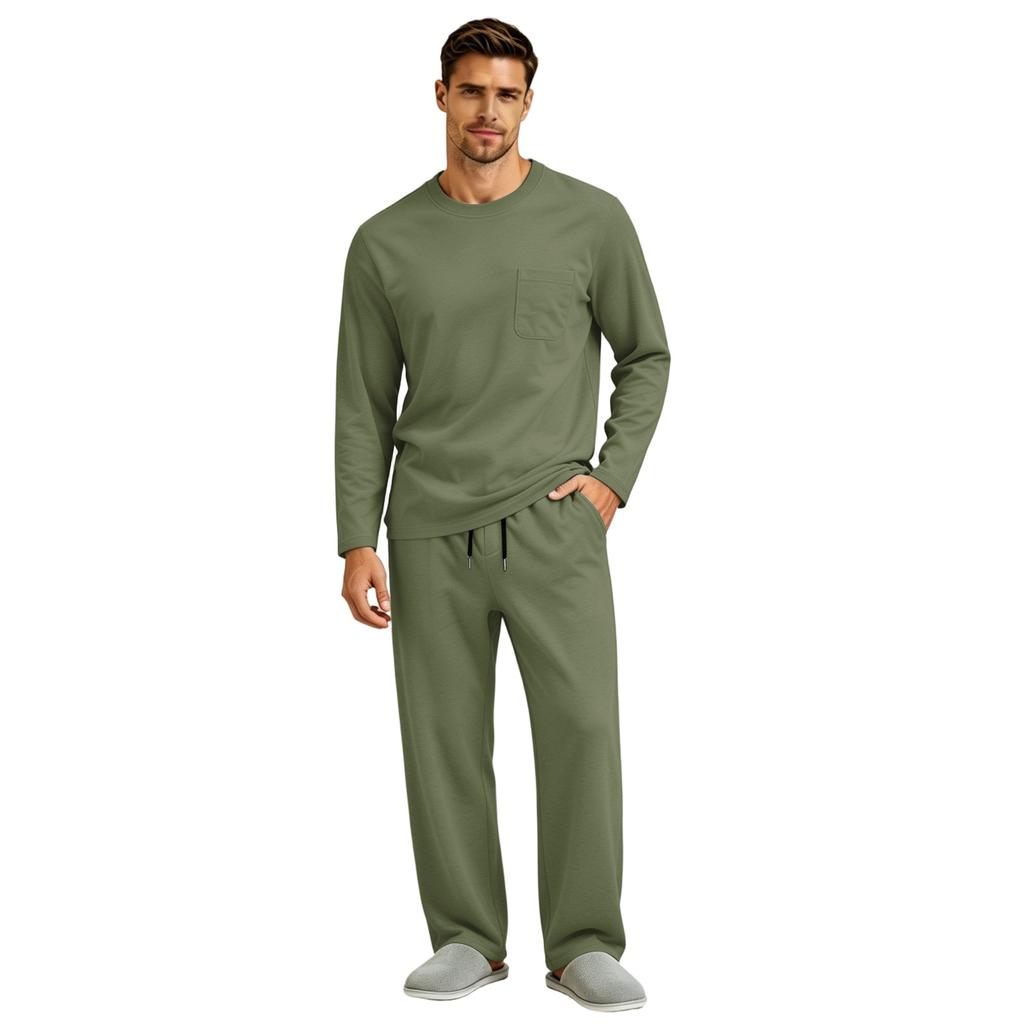 Men's Long Sleeve Pajama Set with Button Fly and Elastic Drawstring Waist for Sleep and