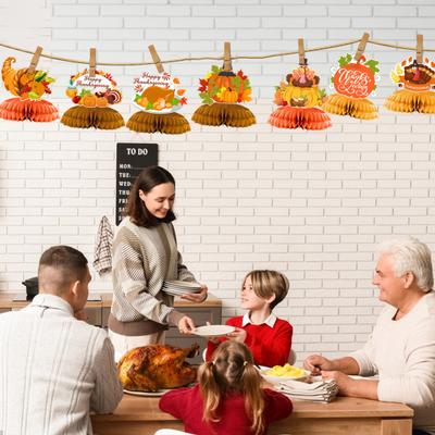 Yousheng 9 Pcs Fall Thanksgiving Honeycomb Decor Paper Pumpkin Maple Leaf Turkey Centerpiece 3D Honeycomb Standing Table Topper for Autumn Harvest
