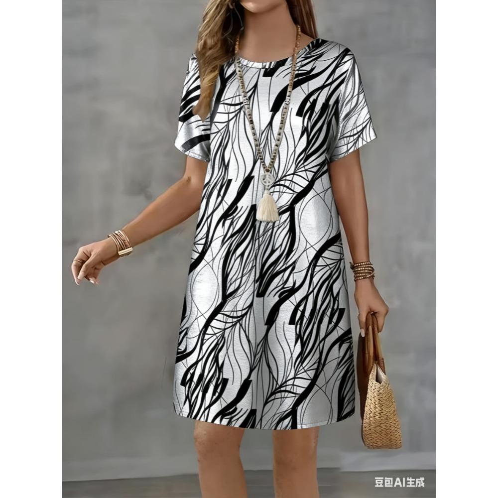 Fashionable and elegant striped printed dress for ladies, trendy casual mini skirt for summer, short-sleeved round-neck casual A-line skirt