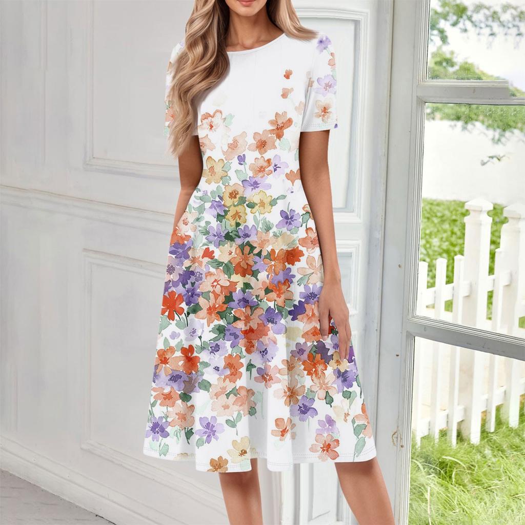 Women's Casual Fashion Round Neck Short Sleeve Floral Print Midi Dress