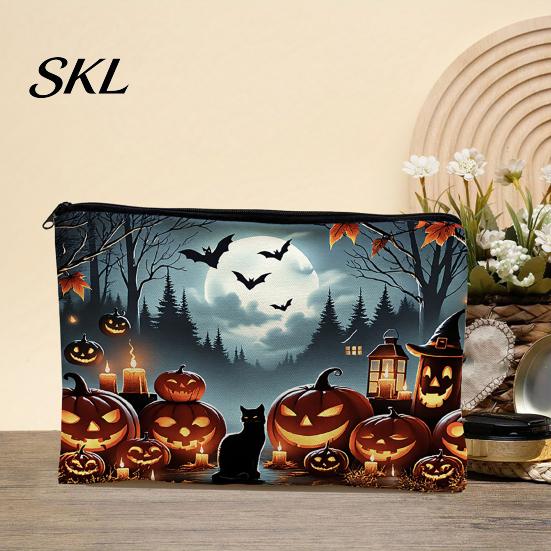 Witch Pumpkin Pattern Bag Storage Bag, with Smooth Zipper, Thickened Polyester Large Capacity Thick Canvas Cosmetic Halloween Printed Pouch Small Item