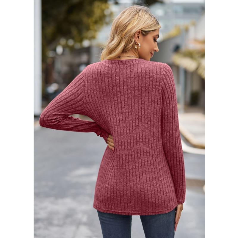 Autumn Women's Knitwear Solid Colour Pit Stripe Brushed Half Placket Button Up Long Sleeve Top