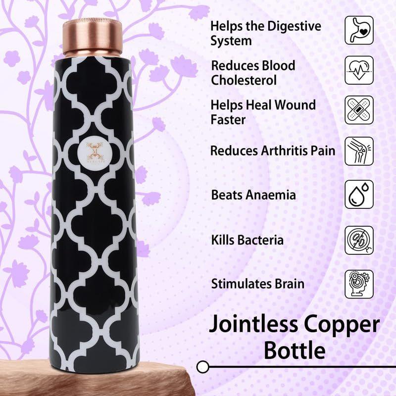 Copper Water Bottle with Ample Multi Colored Printed Design, Joint Less, Advanced Leak Proof , , and Yoga Health Benefits (900 Ml Bottle)