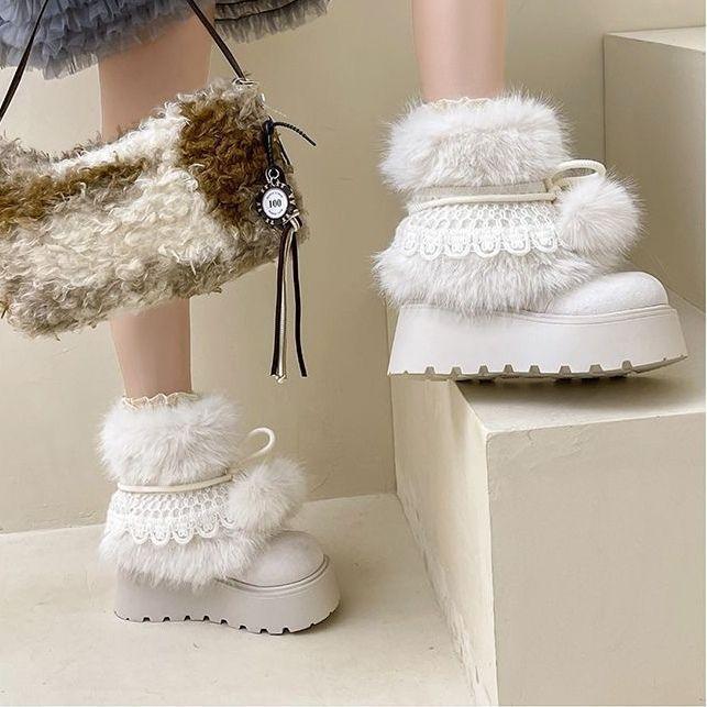 Premium fuzzy boots fashionable thick-soled small cute hairball snow boots winter new plush warm