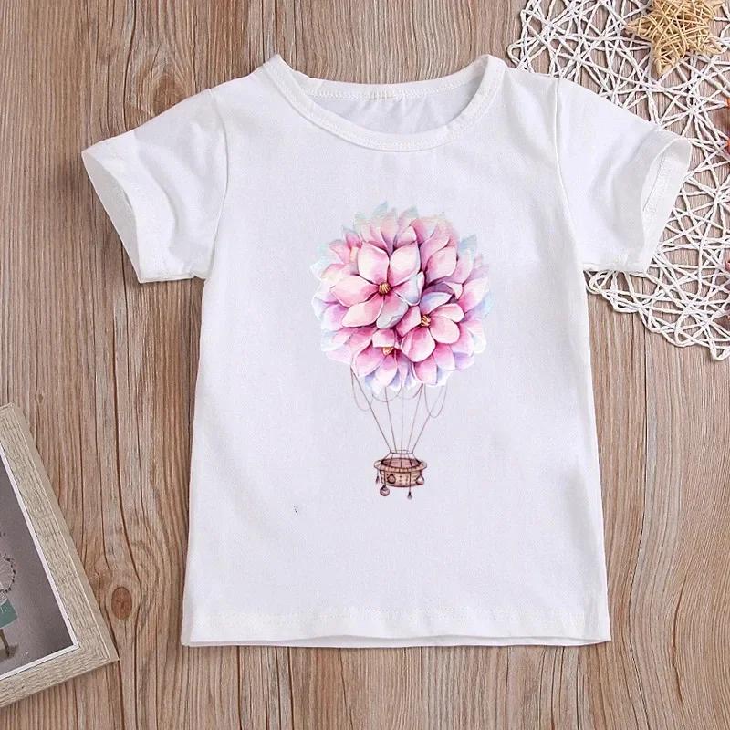 2025 New Kawaii Heart Balloon T-shirts Girls Summer Kids Clothes Girls Tops White Short Sleeve Graphic T Shirts