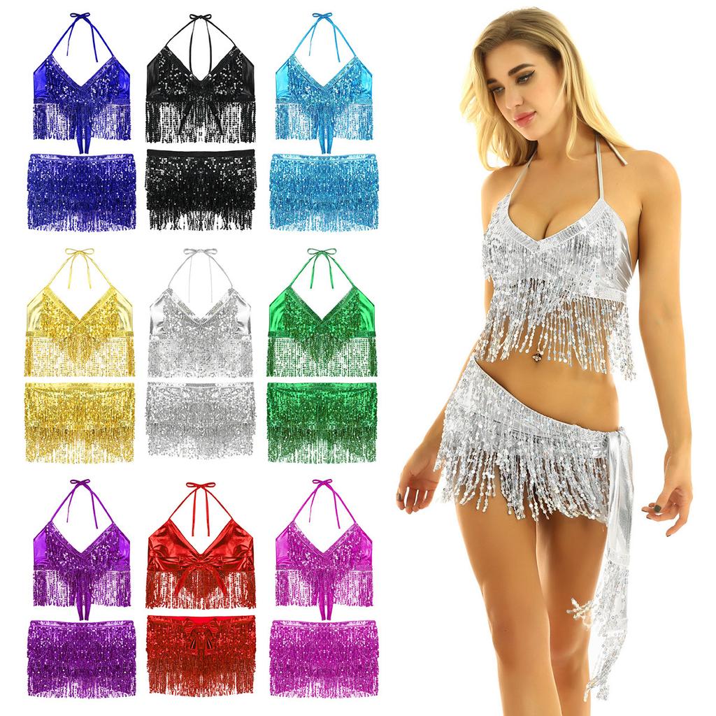 Womens Glitter Sequin Tassels Belly Dance Outfits Halter Bra Top with Mini Wrap Skirts