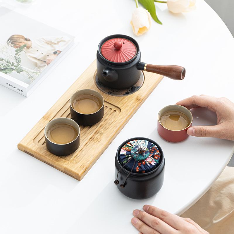 Coarse Pottery Kung Fu Tea Set Office Ceramic Side Handle Pot Wooden Handle with Tea Tray Tea Can Storage Gift