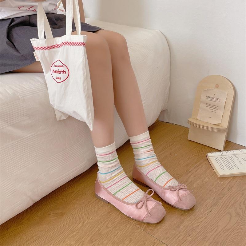 Ladies Spring and Summer Thin Striped Star Color Polka Dot Lovely Breathable Mesh Hollow Tube Stack Socks