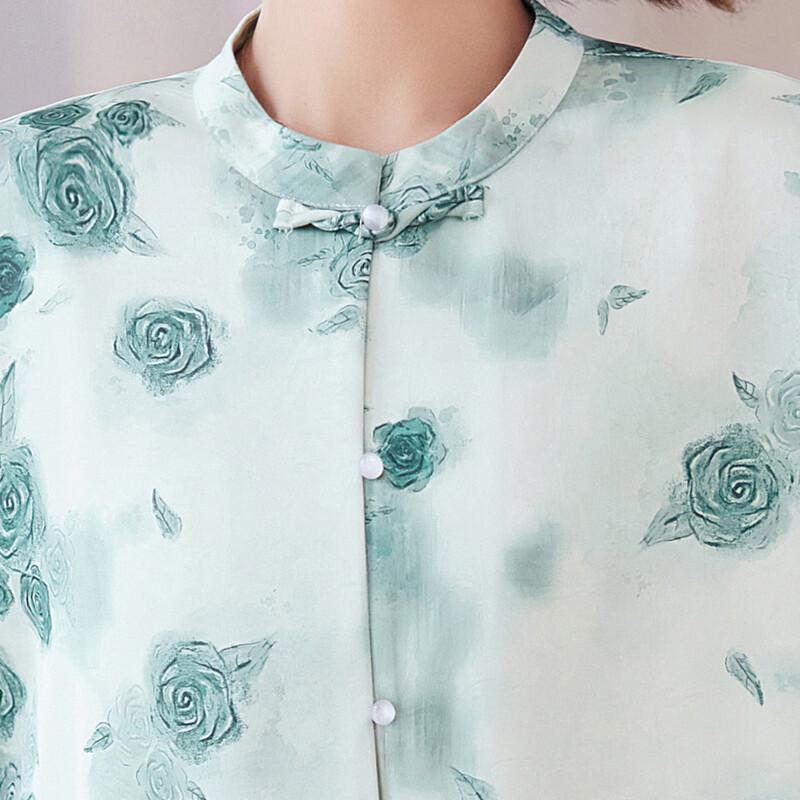Pa Si Te Women's New Chinese Style Frog Button Printed 3/4 Sleeve Shirt